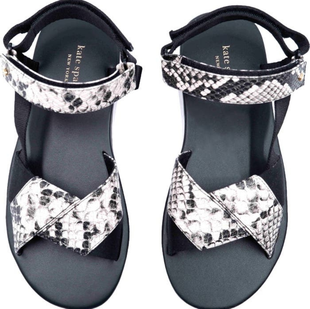 NEW Kate Spade Dotty Embossed Snakeskin Sandals in Black/White - Picture 2 of 16